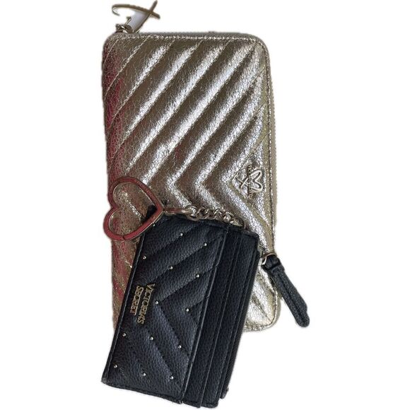 Victorias Secret Black Studded Card Case & Slim Zip Wallet Gold Silver Wristlet - Picture 3 of 13